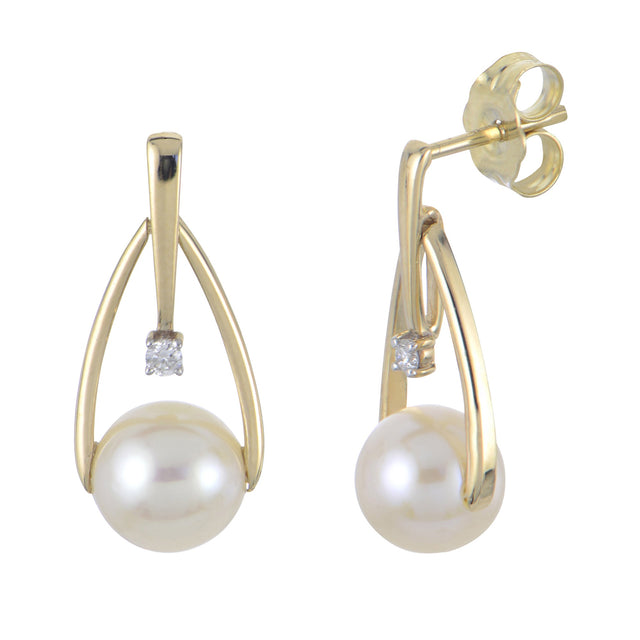 6-6.5mm Freshwater Cultured Pearl and Diamond Accent Yellow Gold Drop Earrings