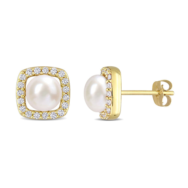 6-6.5mm White Freshwater Cultured Pearl and Created White Sapphire Halo Yellow Gold Stud Earrings