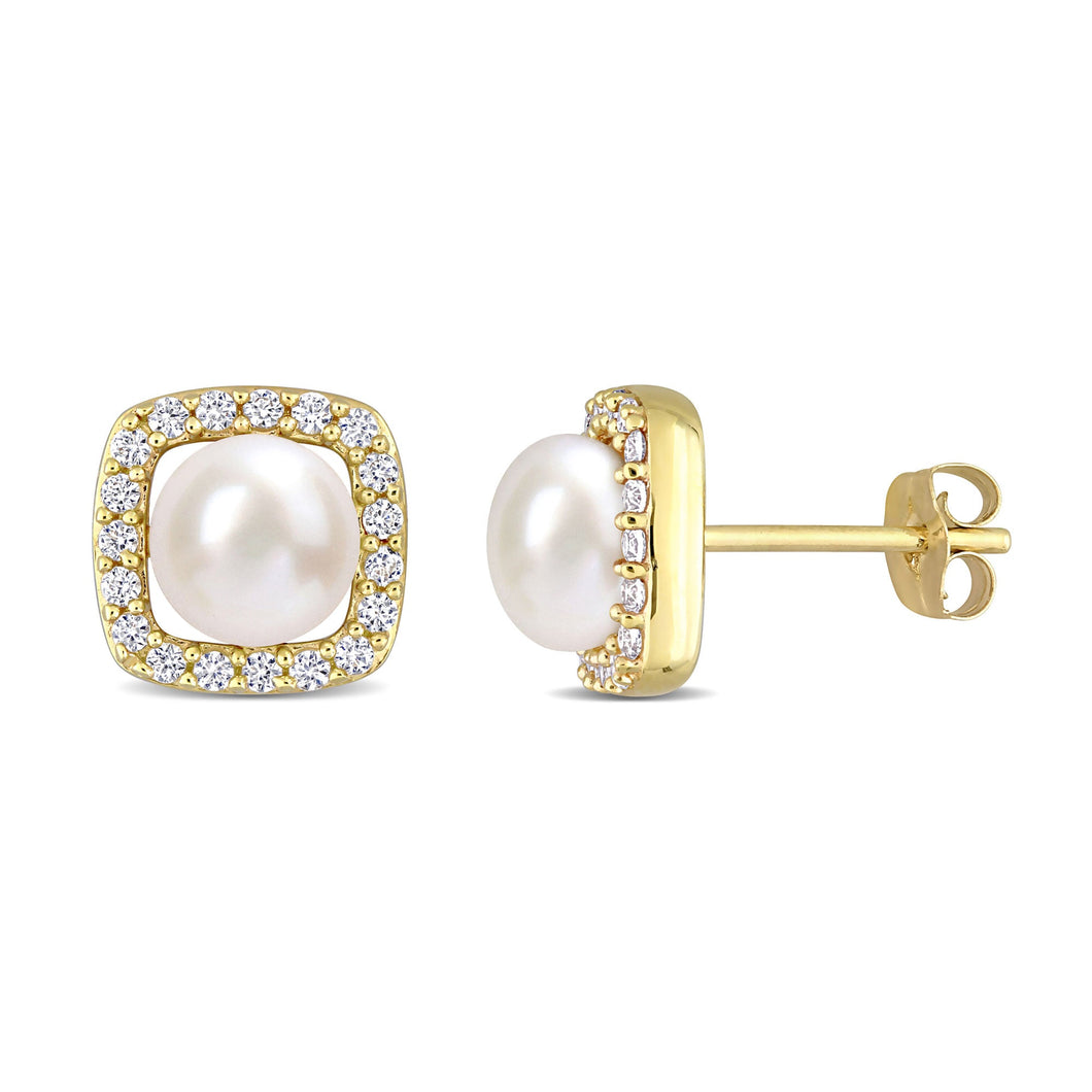 6-6.5mm White Freshwater Cultured Pearl and Created White Sapphire Halo Yellow Gold Stud Earrings