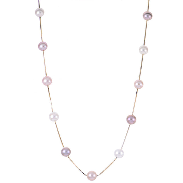 7-7.5mm Fresh Water Cultured Pearl Yellow Gold Station Necklace