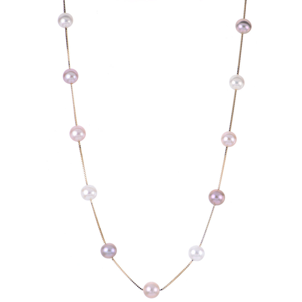 7-7.5mm Fresh Water Cultured Pearl Yellow Gold Station Necklace