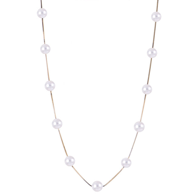 7-7.5mm Fresh Water Cultured Pearl Yellow Gold Station Necklace