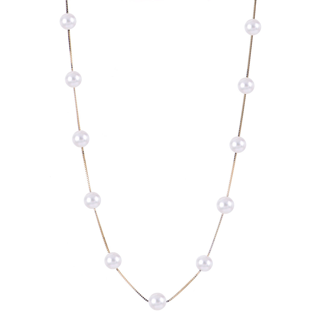 7-7.5mm Fresh Water Cultured Pearl Yellow Gold Station Necklace