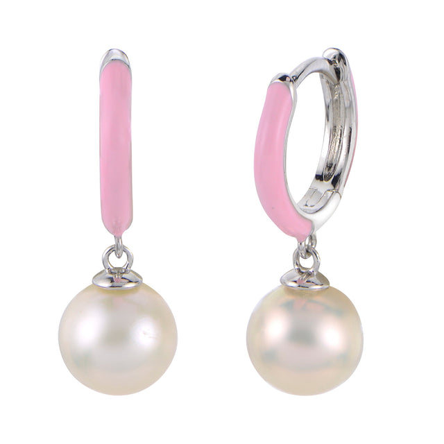 7-7.5mm Fresh Water Cultured Pearl and Light Pink Enamel Sterling Silver Hoop Earrings