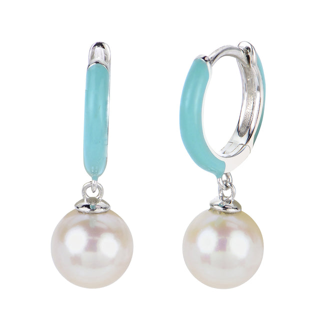 7-7.5mm Fresh Water Cultured Pearl and Teal Enamel Sterling Silver Hoop Earrings