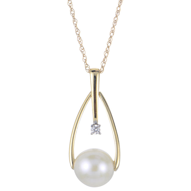 7-7.5mm Freshwater Cultured Pearl and Diamond Accent Yellow Gold Pendant Necklace