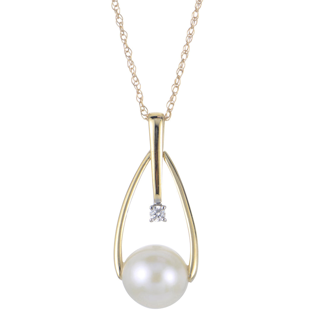 7-7.5mm Freshwater Cultured Pearl and Diamond Accent Yellow Gold Pendant Necklace