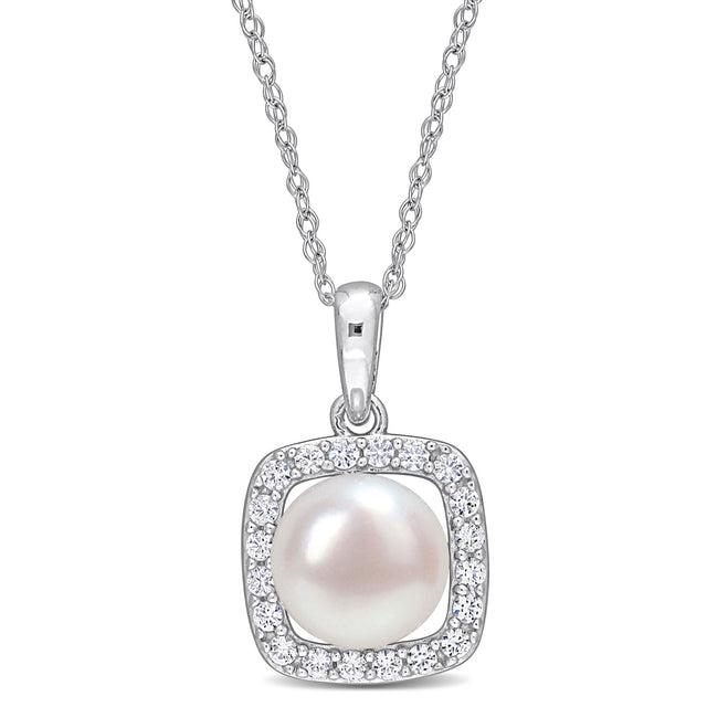 7-7.5mm White Freshwater Cultured Pearl and Created White Sapphire Halo White Gold Pendant Necklace