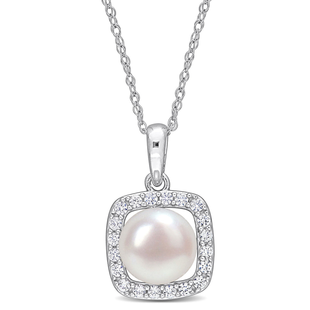 7-7.5mm White Freshwater Cultured Pearl and Created White Sapphire Halo White Gold Pendant Necklace