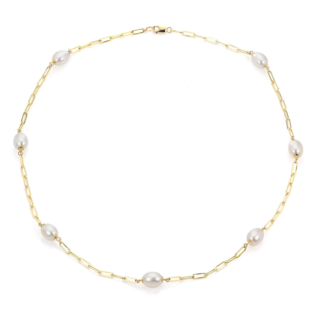 7-8mm Freshwater Cultured Pearl Yellow Gold Paperclip Chain Necklace