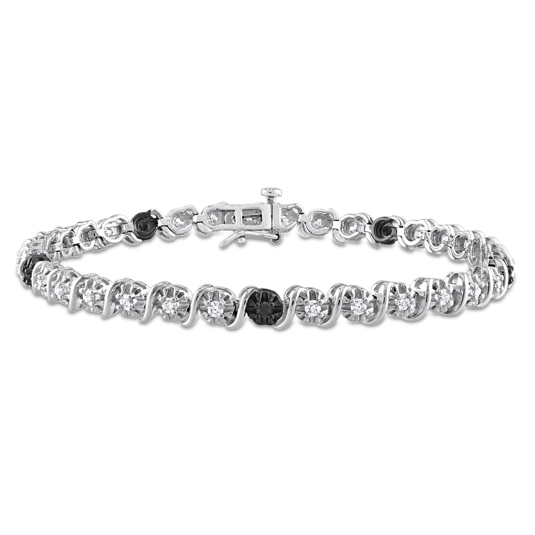 7/8ctw Round Diamond and Treated Black Diamond Sterling Silver Bracelet