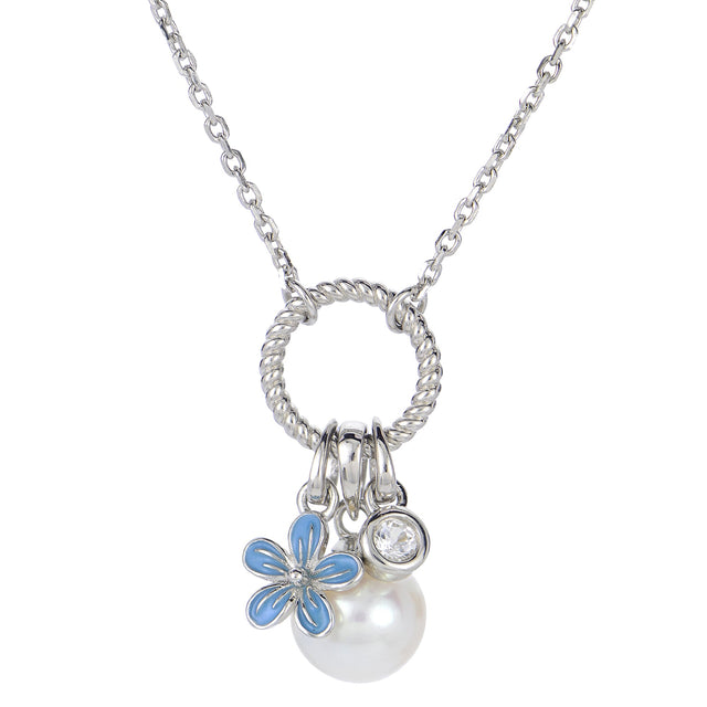 7.5-8mm Fresh Water Cultured Pearl, White Topaz, and Blue Enamel Flower Sterling Silver Necklace