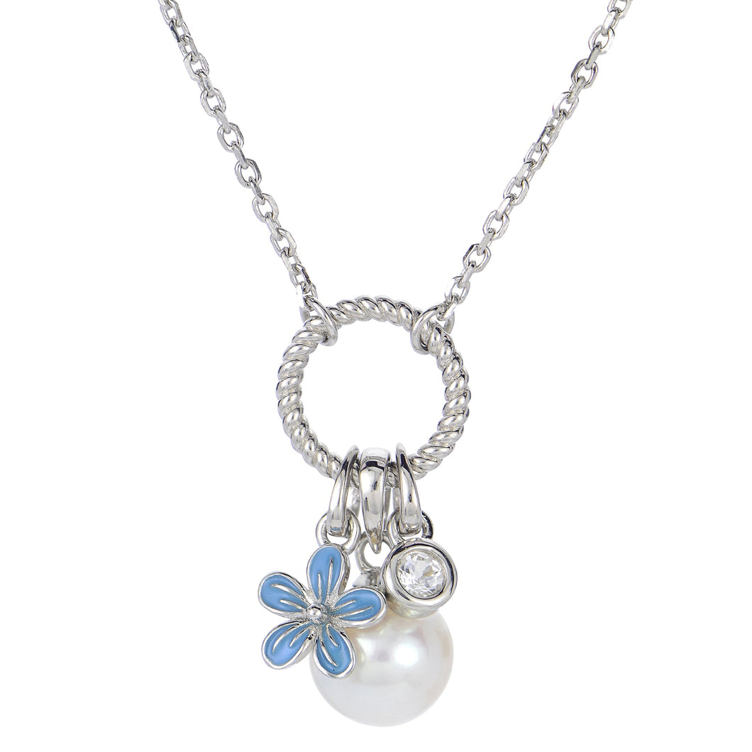 7.5-8mm Fresh Water Cultured Pearl, White Topaz, and Blue Enamel Flower Sterling Silver Necklace