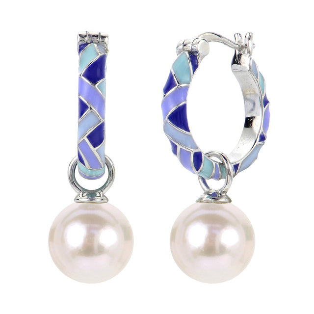 7.5-8mm Fresh Water Cultured Pearl and Multi Blue Enamel Sterling Silver Hoop Earrings