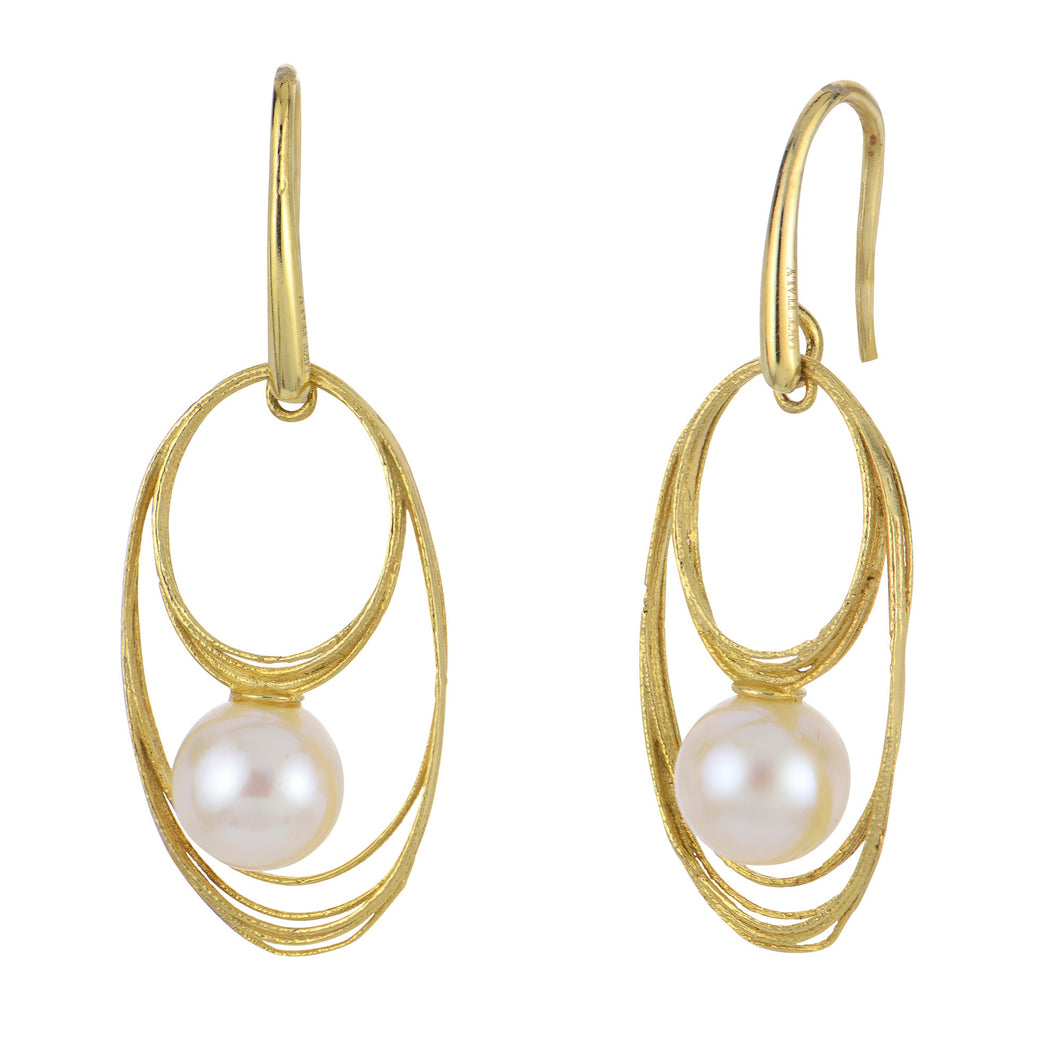 7.5-8mm Freshwater Cultured Pearl Yellow Gold Drop Earrings