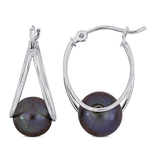 8-8.5mm Black Freshwater Cultured Pearl White Gold Hoop Earrings