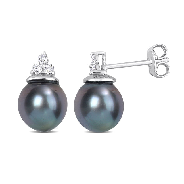 8-8.5mm Black Tahitian Cultured Pearl and 1/8ctw Diamond Sterling Silver Drop Earrings