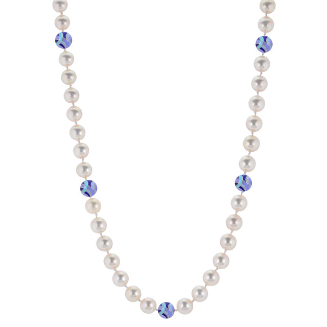 8-8.5mm Fresh Water Cultured Pearl and Multi Blue Beads Sterling Silver Strand Necklace