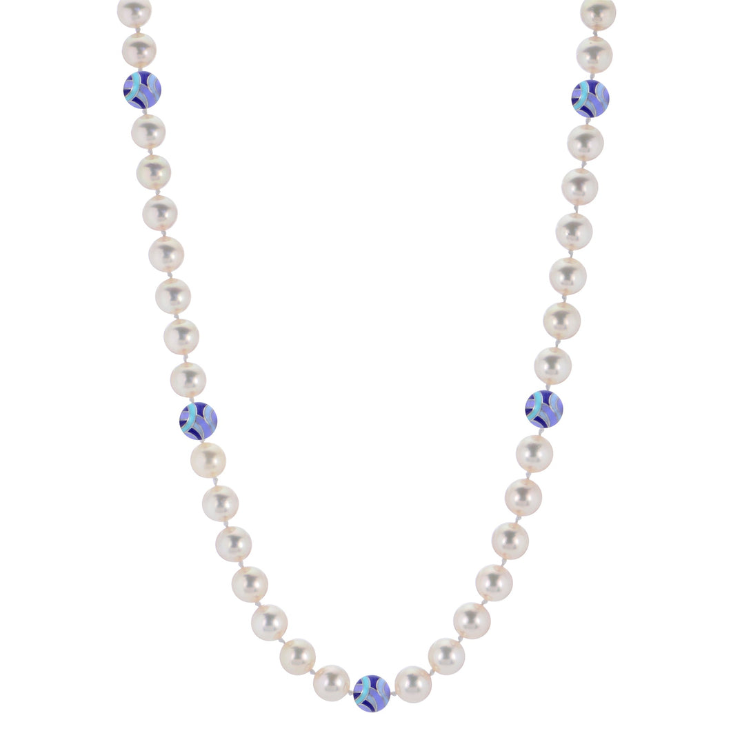 8-8.5mm Fresh Water Cultured Pearl and Multi Blue Beads Sterling Silver Strand Necklace