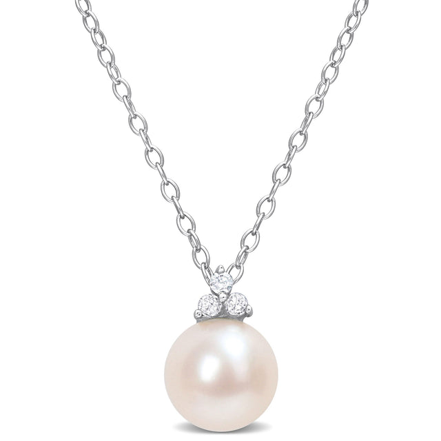 8-8.5mm Freshwater Cultured Pearl and Diamond Accent Sterling Silver Pendant Necklace