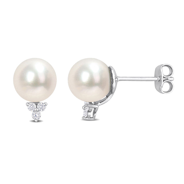 8-8.5mm Freshwater Cultured Pearl and Diamond Accent Sterling Silver Stud Earrings
