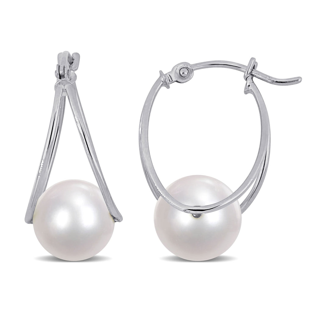 8-8.5mm White Freshwater Cultured Pearl White Gold Hoop Earrings