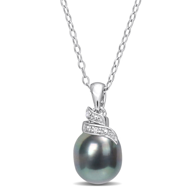 8-9mm Black Tahitian Cultured Pearl and Diamond Accent Sterling Silver Pendant Necklace