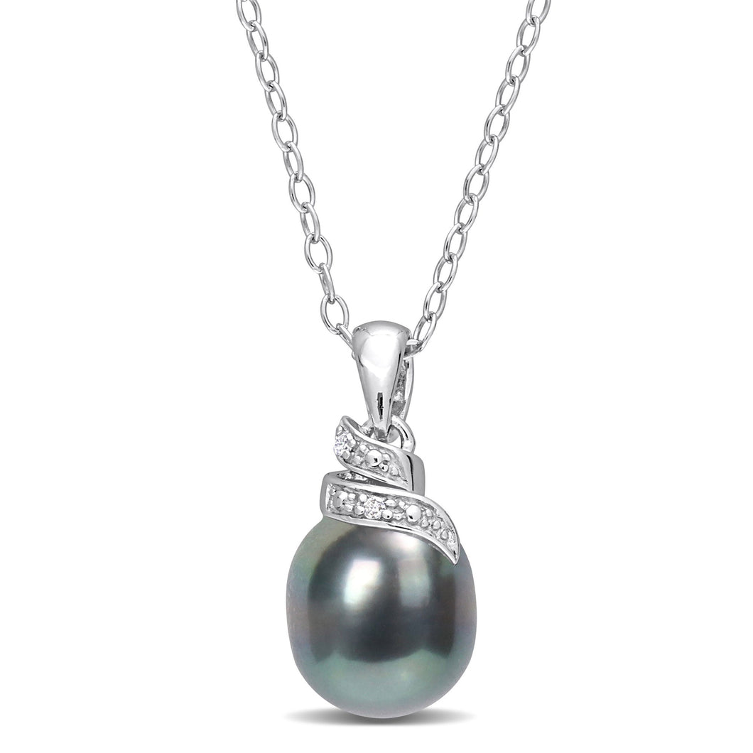 8-9mm Black Tahitian Cultured Pearl and Diamond Accent Sterling Silver Pendant Necklace