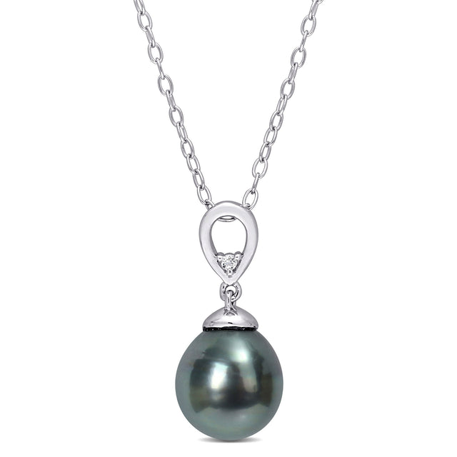 8-9mm Black Tahitian Cultured Pearl and White Topaz Sterling Silver Drop Pendant Necklace