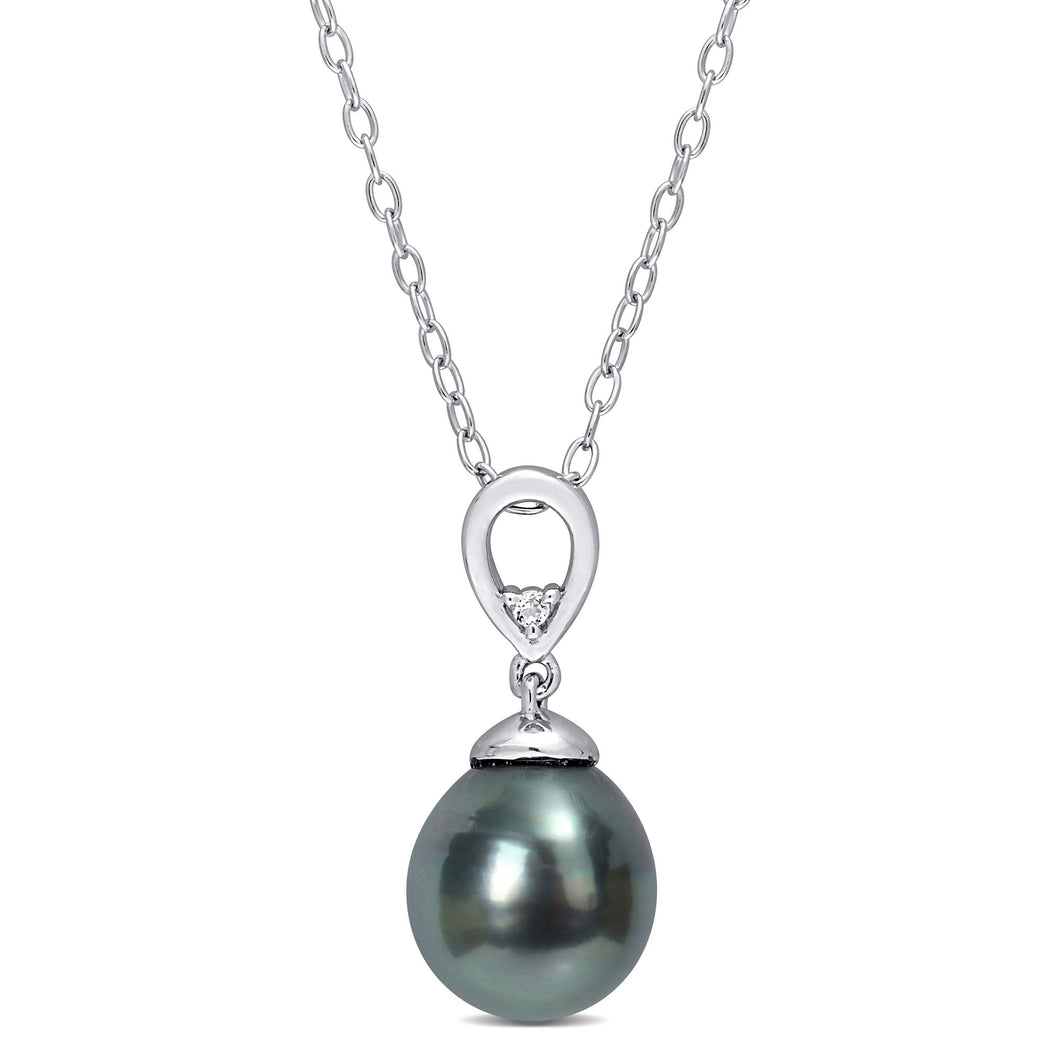 8-9mm Black Tahitian Cultured Pearl and White Topaz Sterling Silver Drop Pendant Necklace
