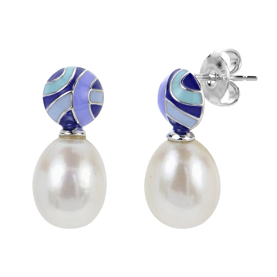 8-9mm Fresh Water Cultured Pearl and Multi Blue Enamel Sterling Silver Drop Earrings