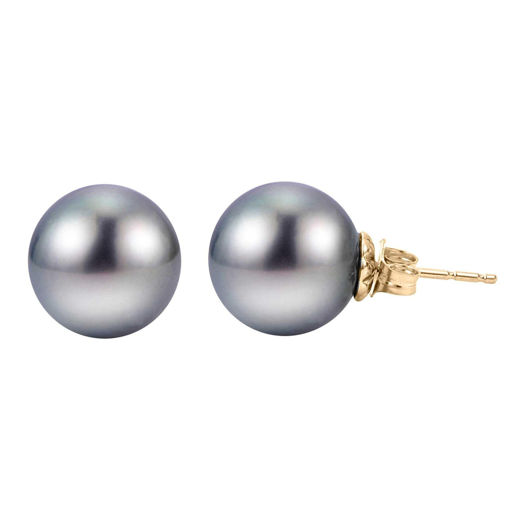 8-9mm Tahitian Cultured Pearl Stud Earrings, Yellow Gold