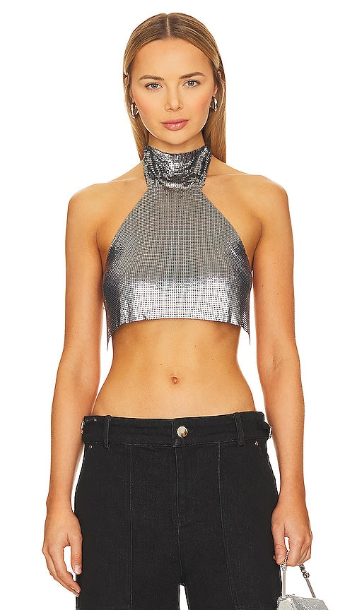 8 Other Reasons Liquid Metal Halter Top in Metallic Silver - 8 Other Reasons Haut dos nu en métal liquide en argent métallisé - 8 Other Reason 金属银色液态金属挂脖上衣 - 8 weitere Gründe Liquid Metal Neckholder-Top in Metallic-Silber - 8가지 다른 이유 메탈릭 실버 소재의 리퀴드 메탈 홀터탑 - Top con cavezza in metallo liquido per 8 altri motivi in ​​argento metallizzato