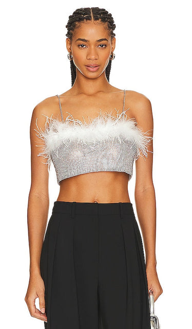 8 Other Reasons Rhinestone & Feather Top in Metallic Silver - 8 autres raisons Haut en strass et plumes en argent métallisé - 8 其他原因金属银莱茵石和羽毛上衣 - 8 weitere Gründe: Top aus Strass und Federn in Metallic-Silber - 8가지 다른 이유 메탈릭 실버 라인스톤 & 페더 탑 - Top con strass e piume per altri 8 motivi in ​​argento metallizzato
