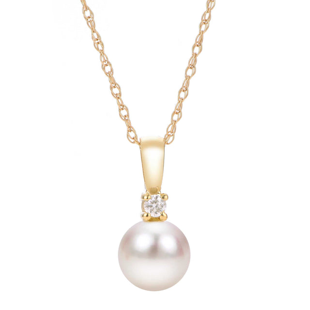 8.5-9mm Freshwater Cultured Pearl and Diamond Yellow Gold Pendant Necklace 1/15ct