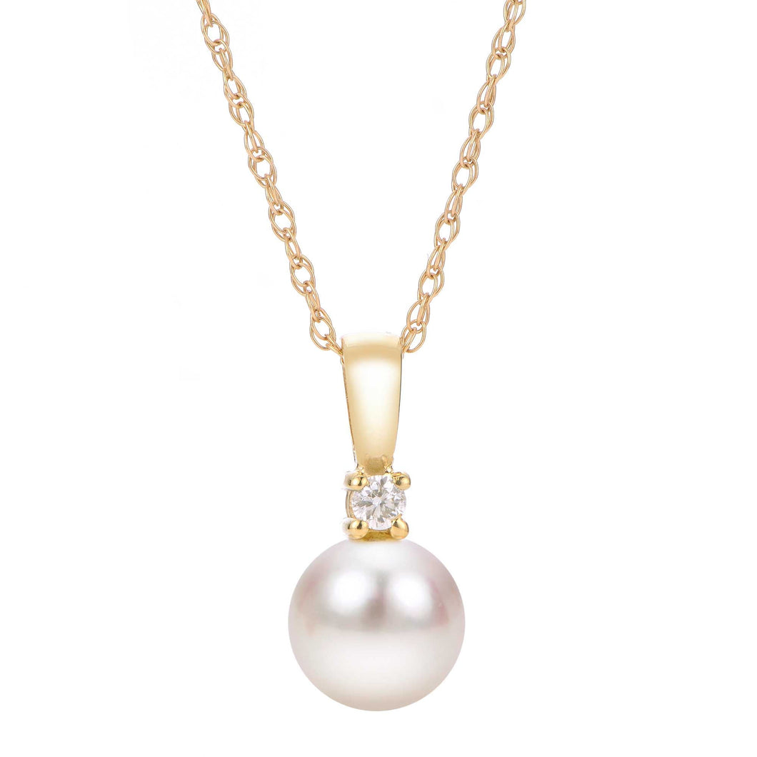 8.5-9mm Freshwater Cultured Pearl and Diamond Yellow Gold Pendant Necklace 1/15ct