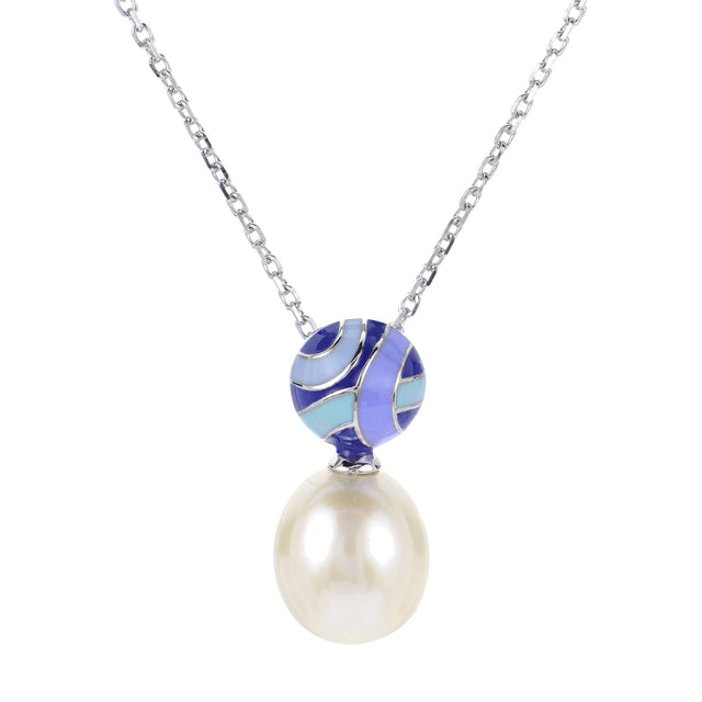 9-10mm Fresh Water Cultured Pearl and Multi Blue Enamel Sterling Silver Pendant Necklace