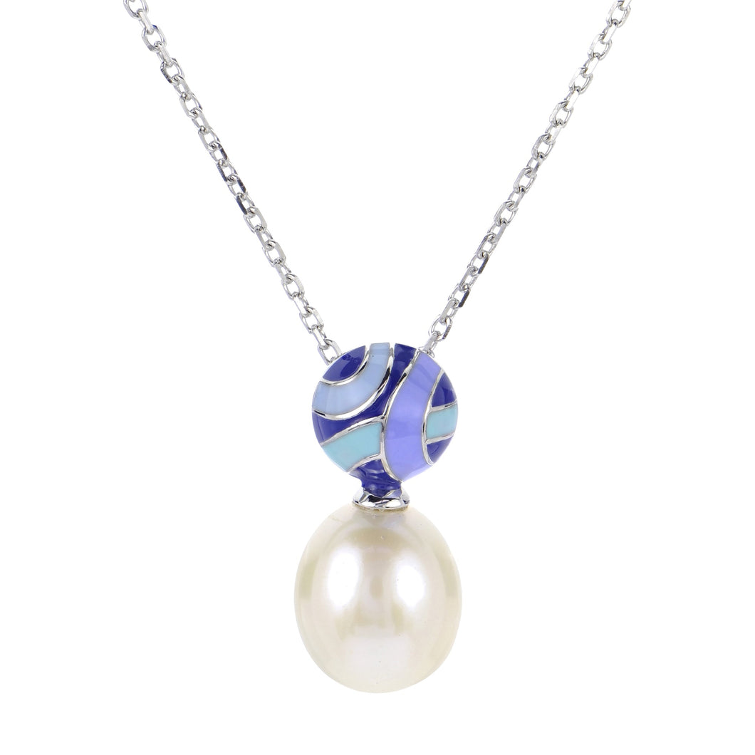 9-10mm Fresh Water Cultured Pearl and Multi Blue Enamel Sterling Silver Pendant Necklace