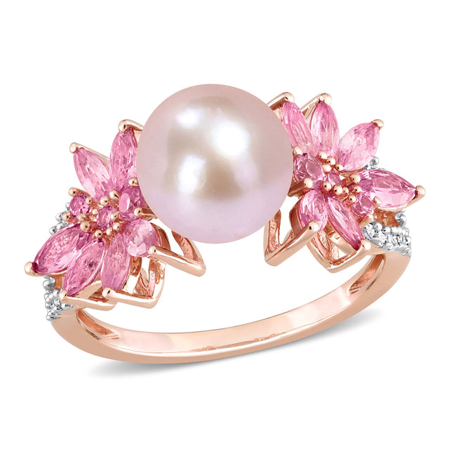 9-9.5mm Pink Freshwater Cultured Pearl, 1/8ctw Diamond, and Pink Sapphire Floral Rose Gold Ring | Size 5