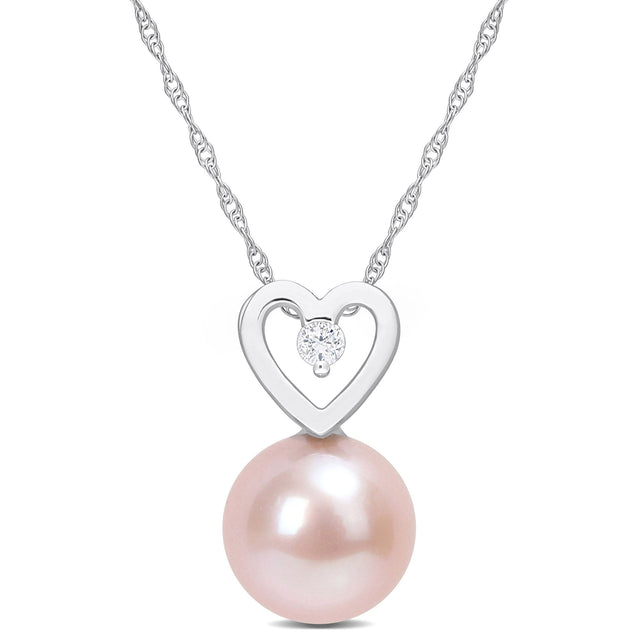 9.5-10mm Pink Freshwater Cultured Pearl and Diamond Accent Heart White Gold Pendant Necklace