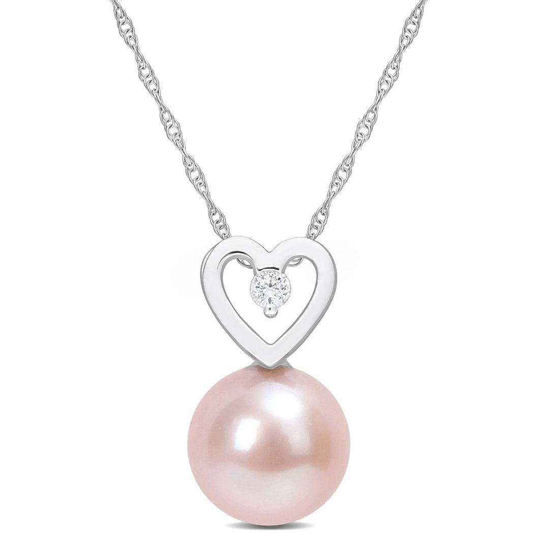 9.5-10mm Pink Freshwater Cultured Pearl and Diamond Accent Heart White Gold Pendant Necklace