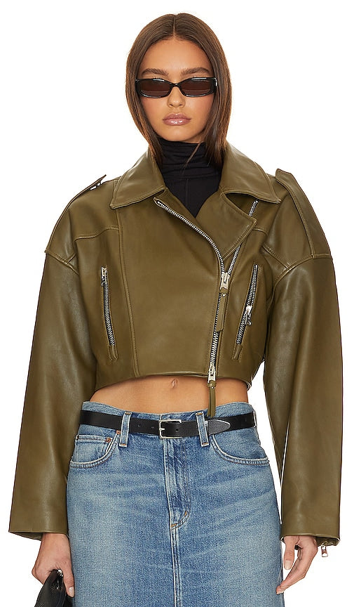 AGOLDE X Shoreditch Ski Club Remi Cropped Leather Biker Jacket in Olive