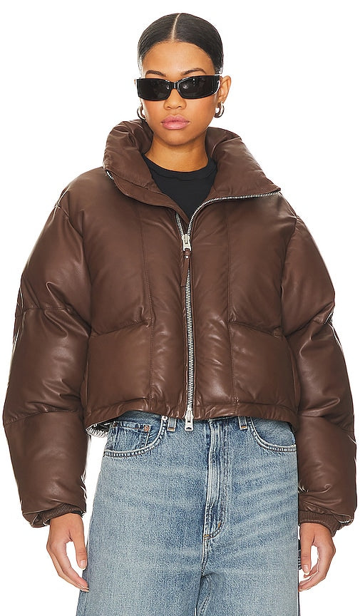 AGOLDE x Shoreditch Ski Club Edie Leather Puffer in Brown
