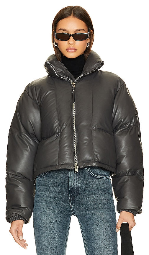 AGOLDE x Shoreditch Ski Club Edie Leather Puffer in Dark Grey
