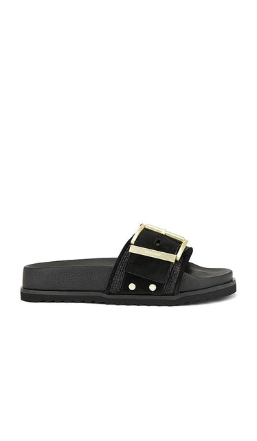 ALLSAINTS Ellie Raffia Slider in Black | Black Slides for Women