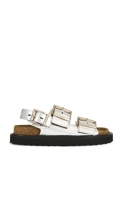 ALLSAINTS Isla Sandal in Metallic Silver, grey | Silver Flat Sandals for Women