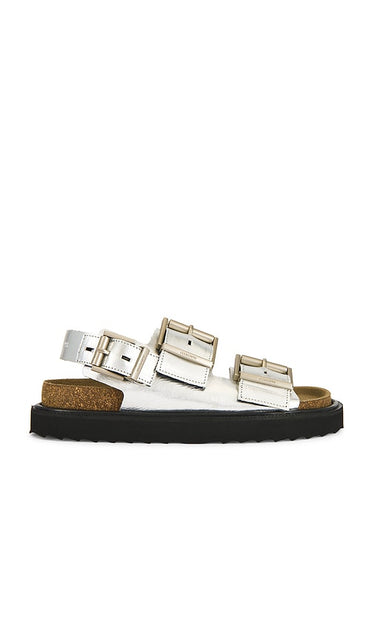 ALLSAINTS Isla Sandal in Metallic Silver, grey | Silver Flat Sandals for Women