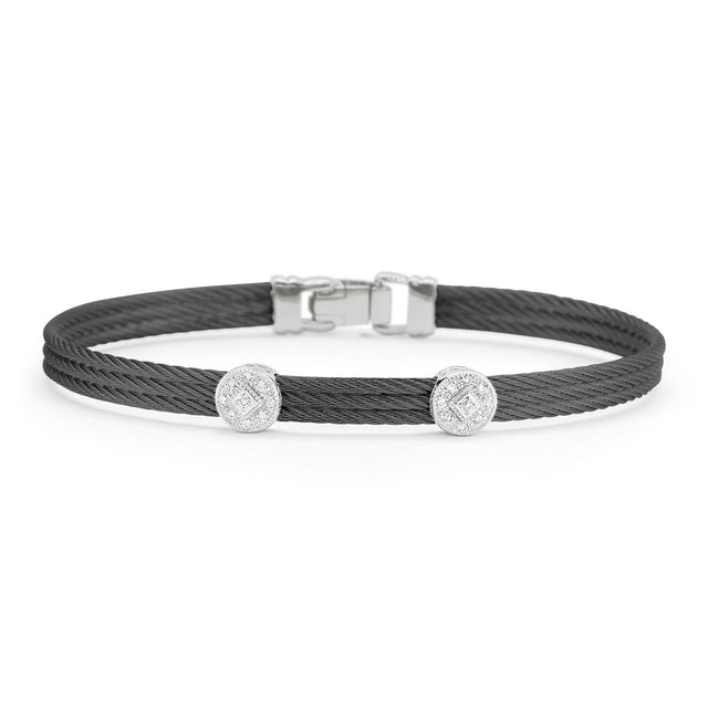 ALOR 1/10ctw Diamond Double Round Station Black Cable and White Gold Classic Stackable Bracelet