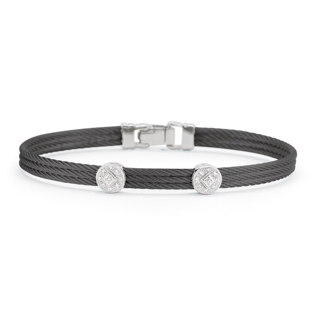 ALOR 1/10ctw Diamond Double Round Station Black Cable and White Gold Classic Stackable Bracelet