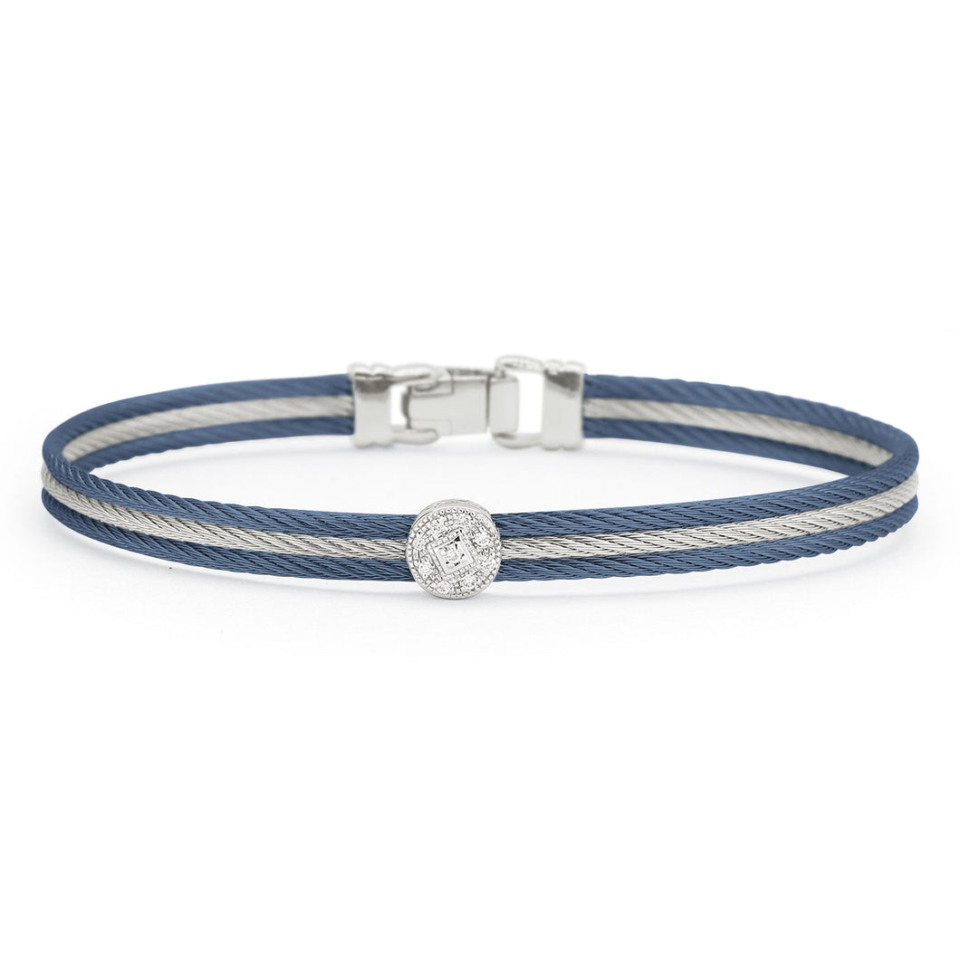 ALOR 1/20ctw Diamond Single Round Station Blueberry Cable, Grey Cable, and White Gold Classic Stackable Bracelet